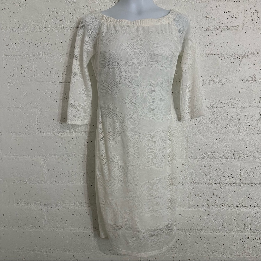 Sabora Womens Dress L White Off Shoulder Lace Bodycon 3/4 Sleeve Lined Y4